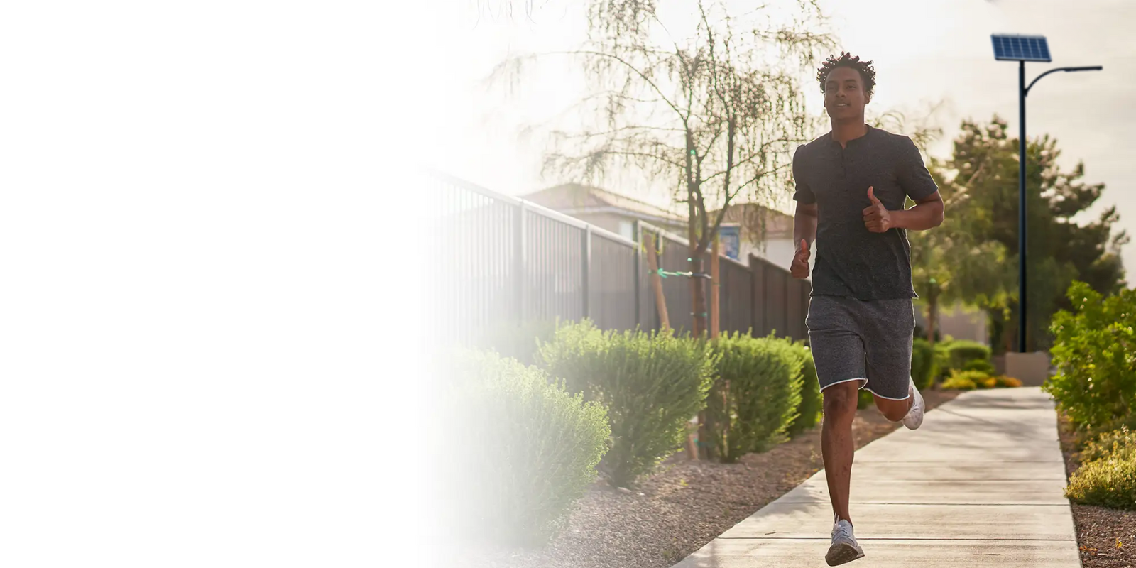 Man running in a wildlife-friendly neighborhood lit by Streetleaf solar streetlights
